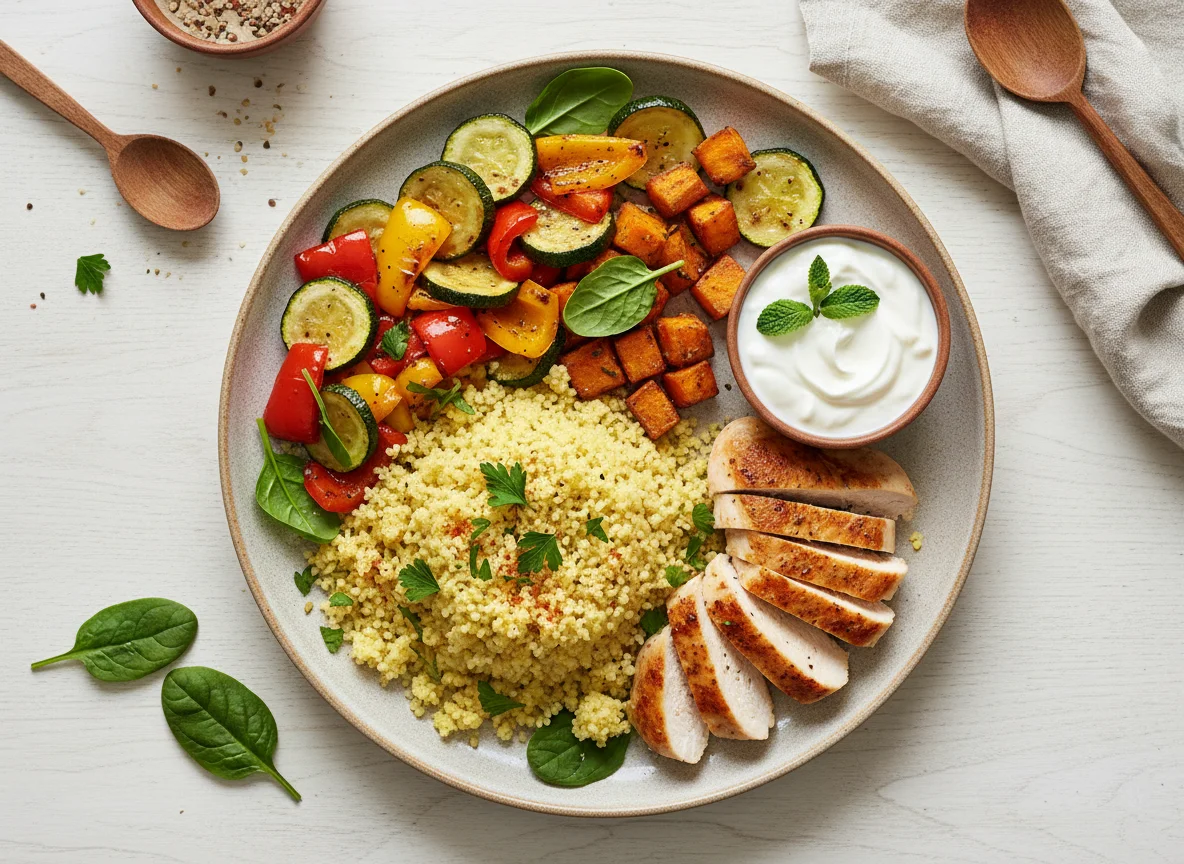 Hähnchen mit Couscous, gebratenem Gemüse und Joghurt-Dip photo