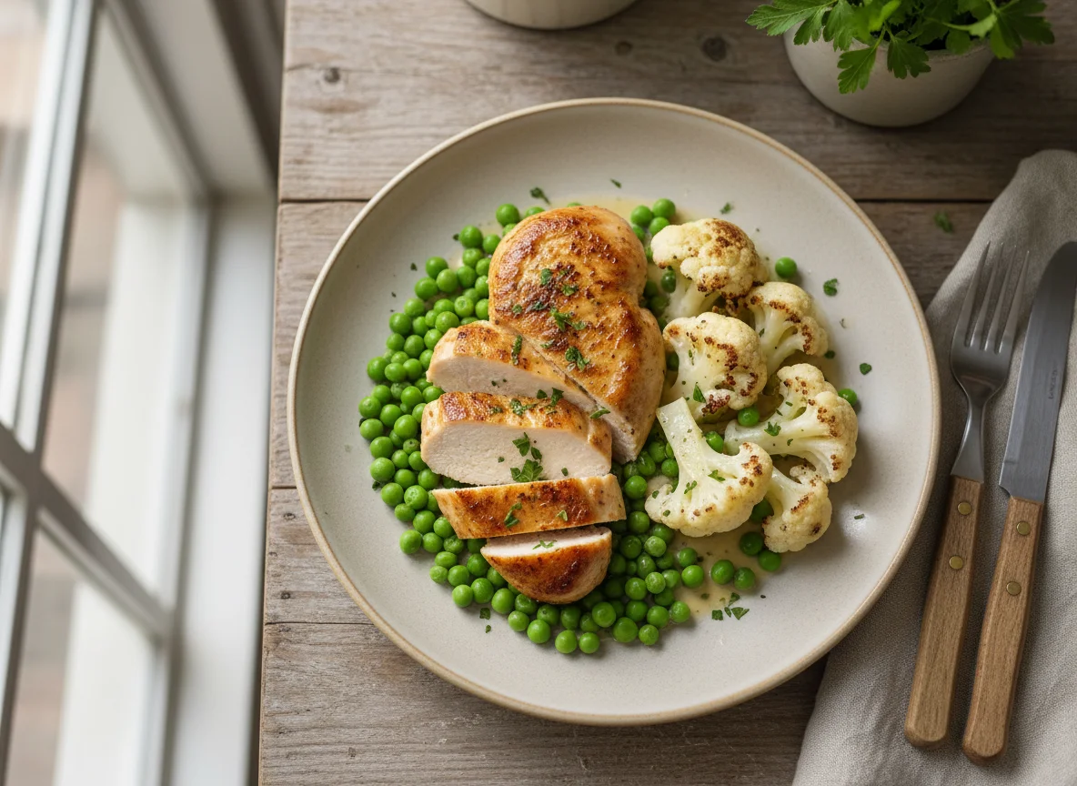 Hähnchen mit Erbsen und Blumenkohl photo