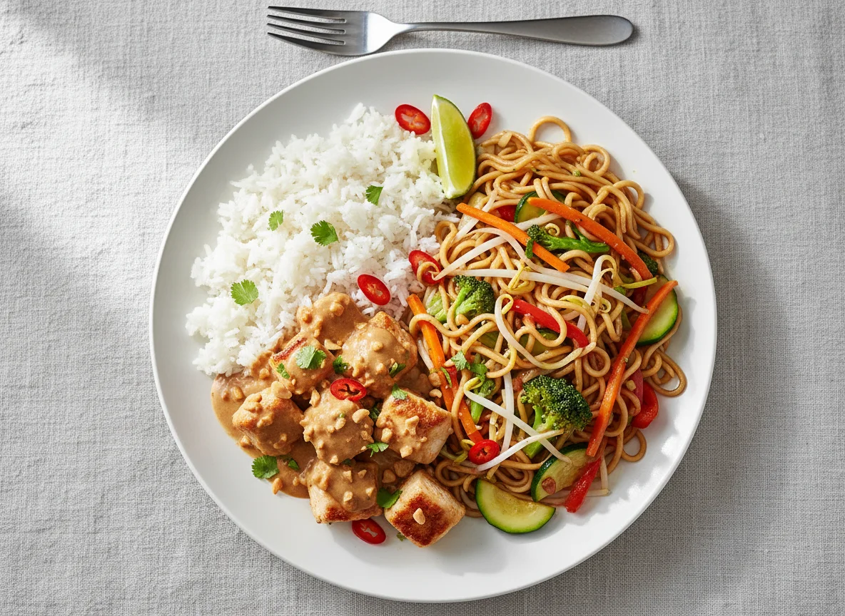 Hähnchen mit Erdnusssauce und gebratenen Nudeln mit Gemüse photo
