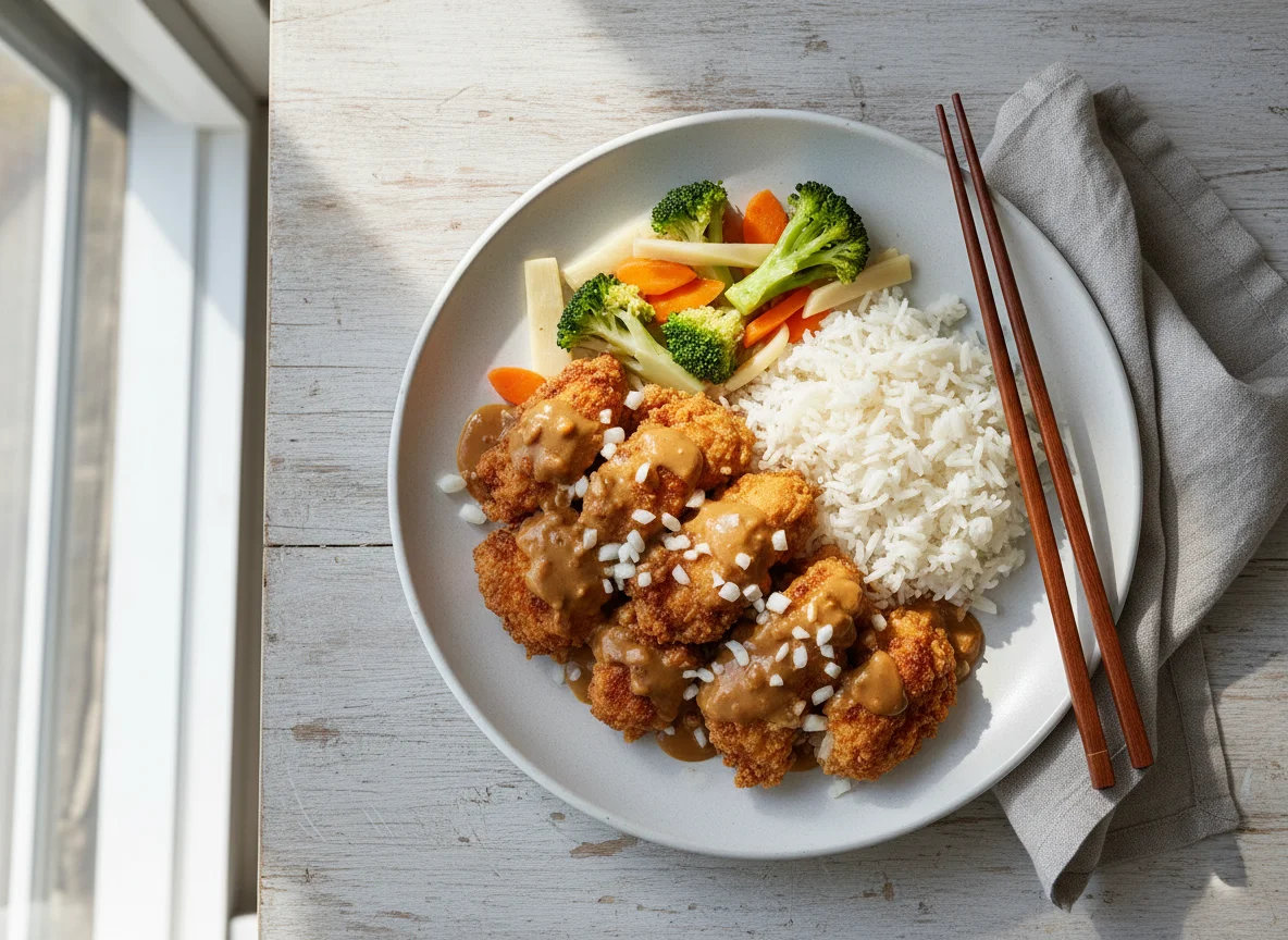 Hähnchen mit Erdnusssauce und Reis photo