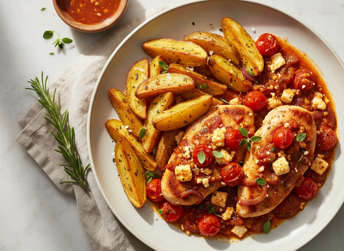 Hähnchen mit Feta-Tomaten-Sauce und Kartoffelspalten photo