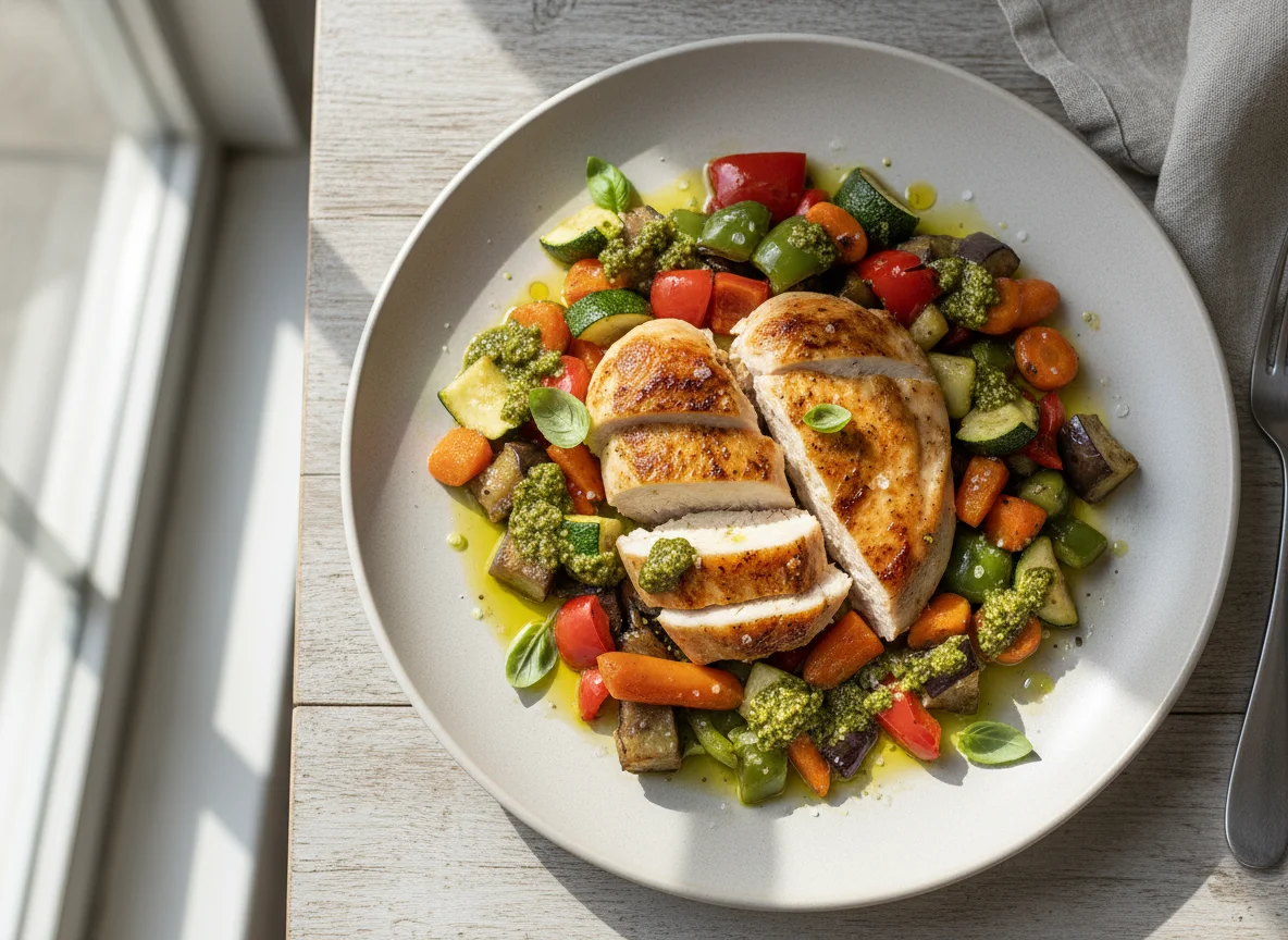 Hähnchen mit gebratenem Gemüse und Pesto photo