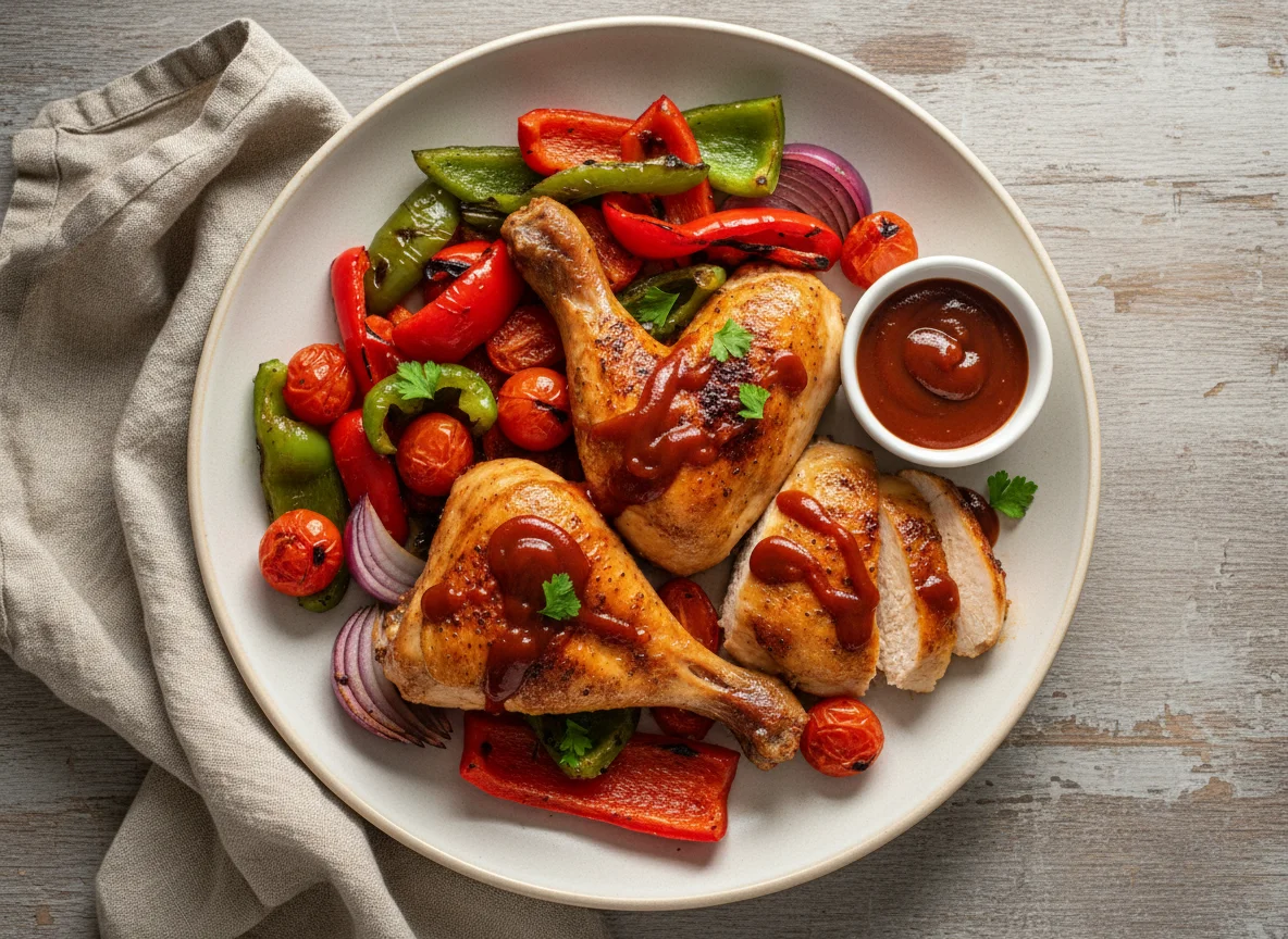 Hähnchen mit gebratenem Gemüse und Sauce photo