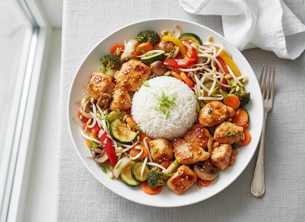 Hähnchen mit Gemüse und Reis photo