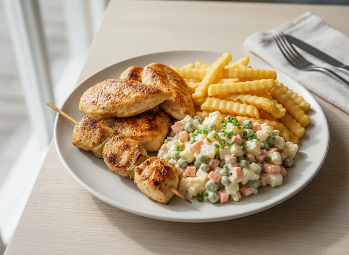 Hähnchen mit Gemüsesalat und Pommes Frites photo