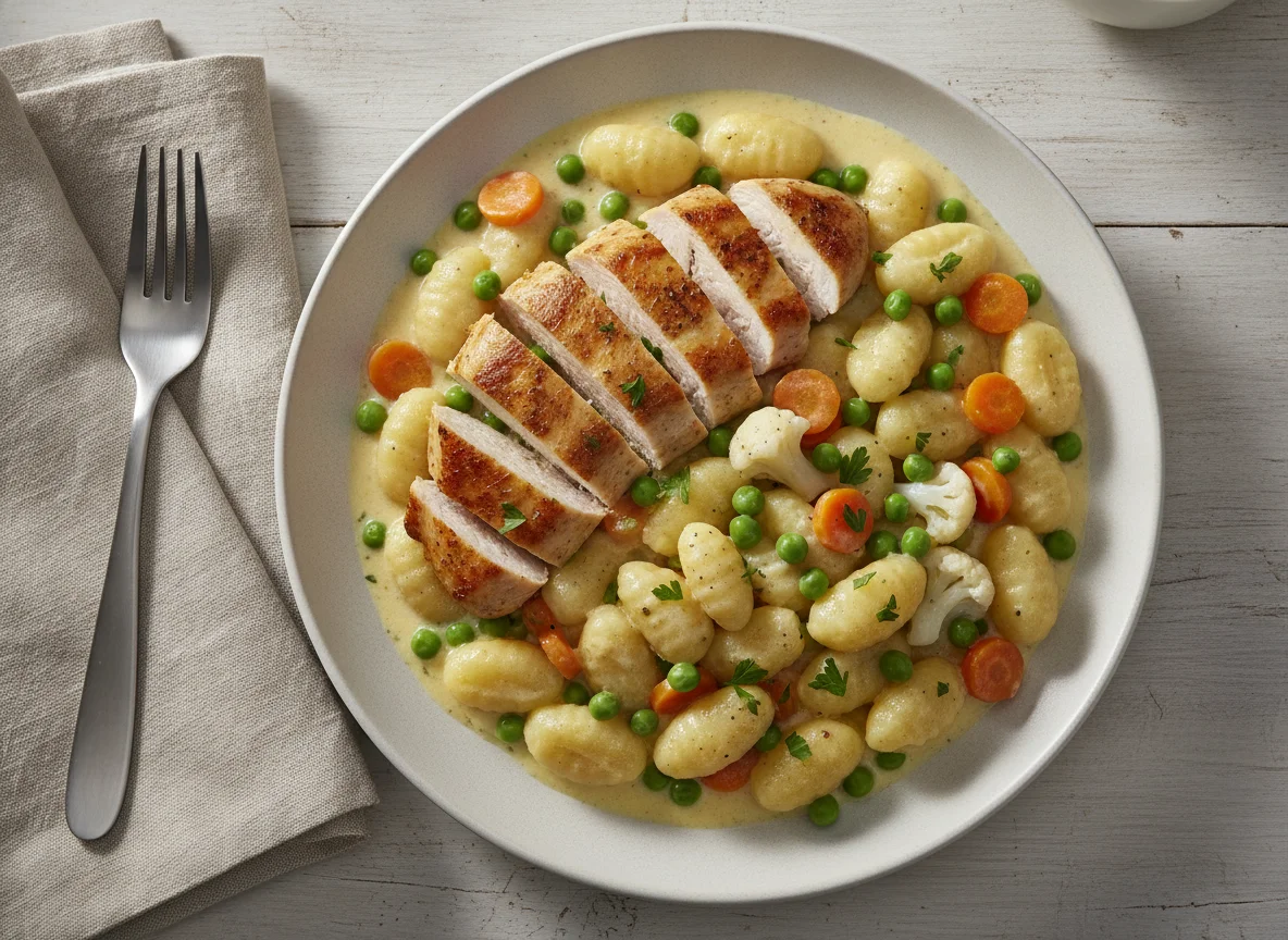 Hähnchen mit Gnocchi und Gemüse in Rahmsauce photo