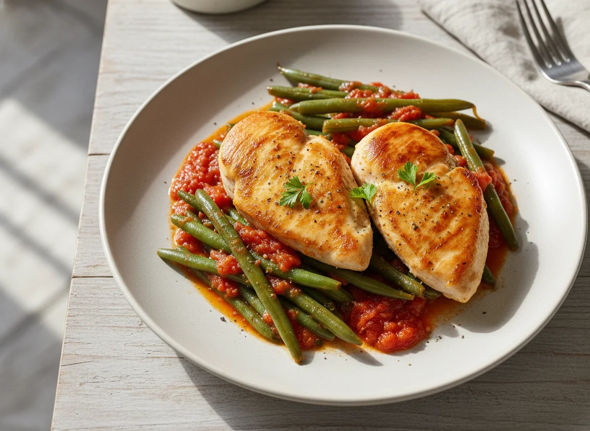 Hähnchen mit grünen Bohnen in Sauce photo