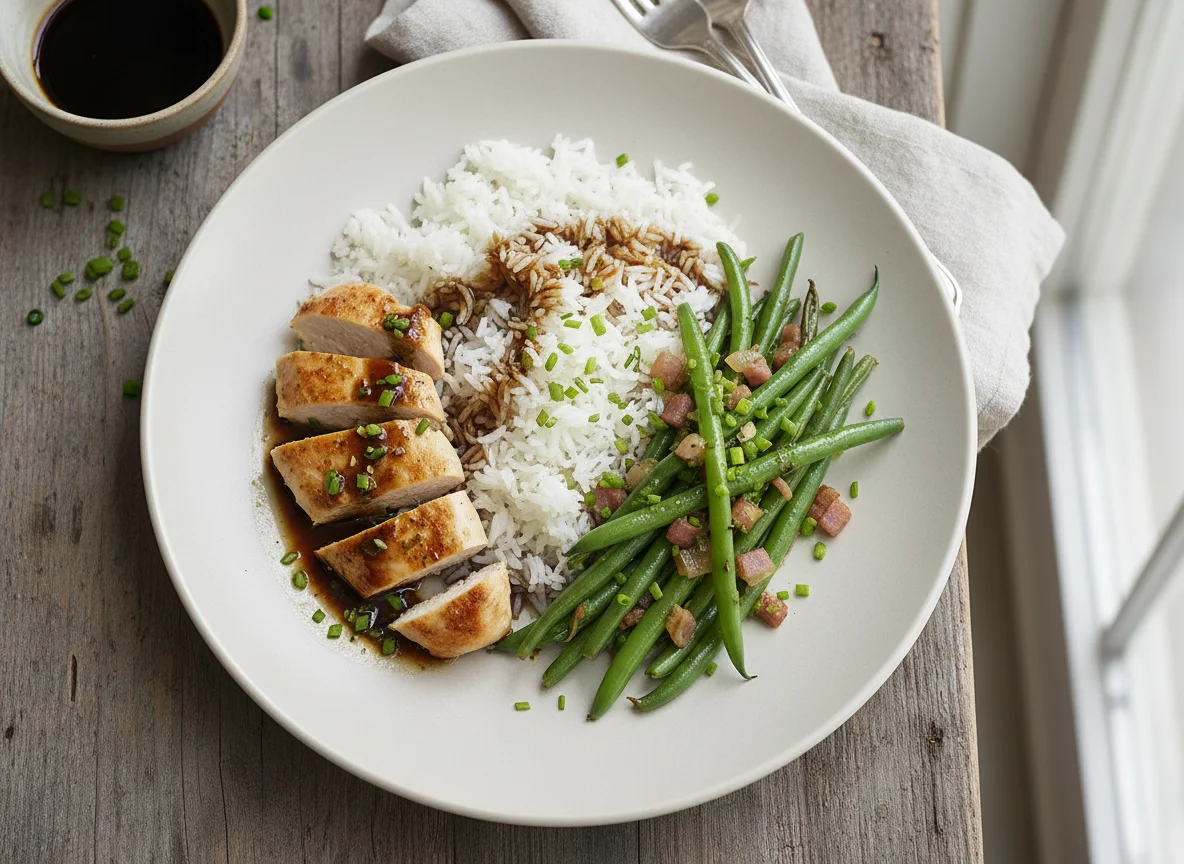 Hähnchen mit grünen Bohnen und Reis photo