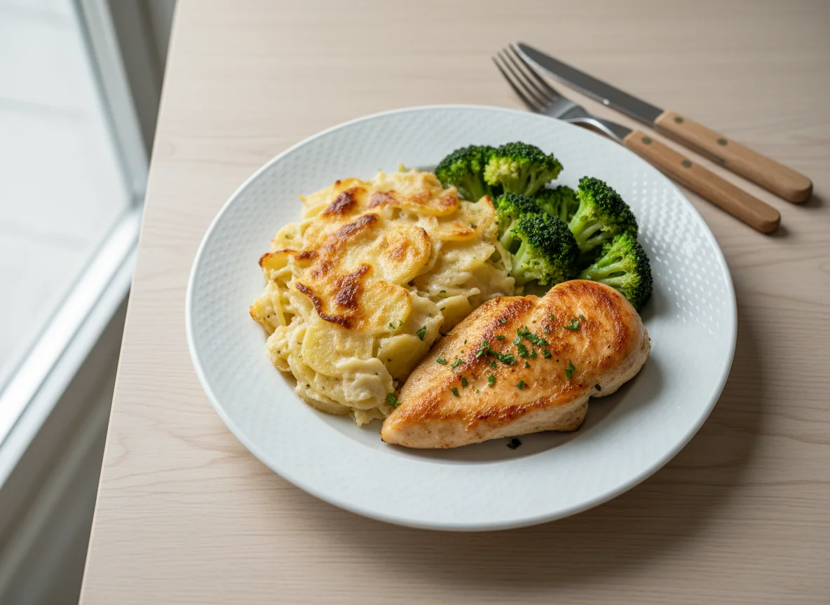Hähnchen mit Kartoffelgratin und Brokkoli photo