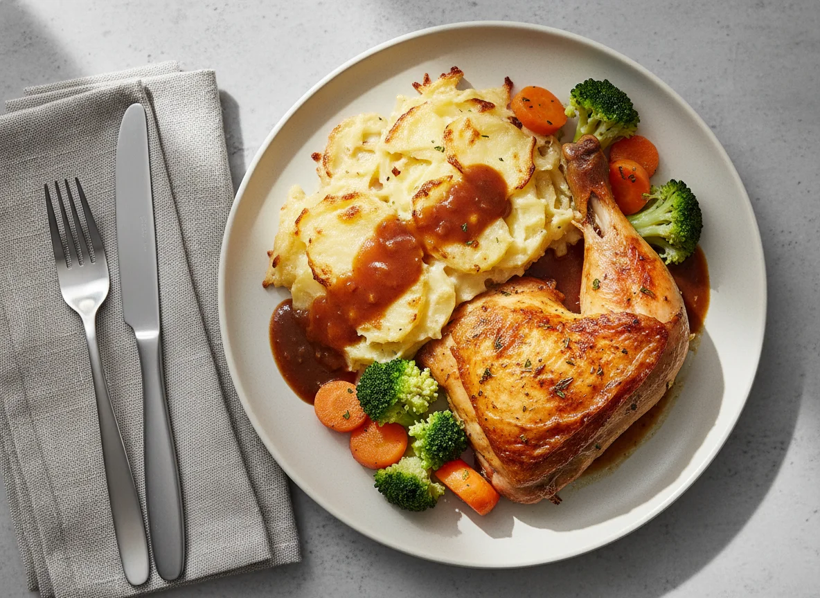 Hähnchen mit Kartoffelgratin und Gemüse photo