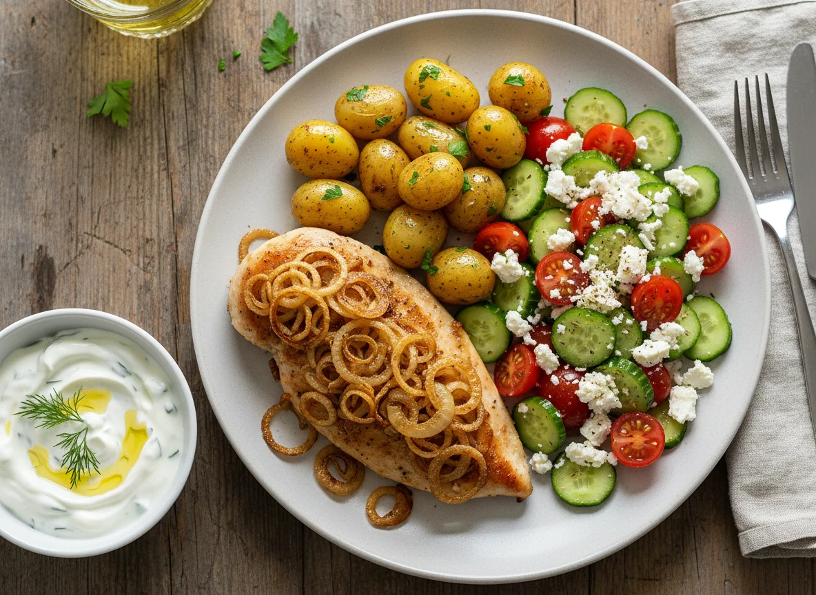 Hähnchen mit Kartoffeln, griechischem Salat und Tzatziki photo