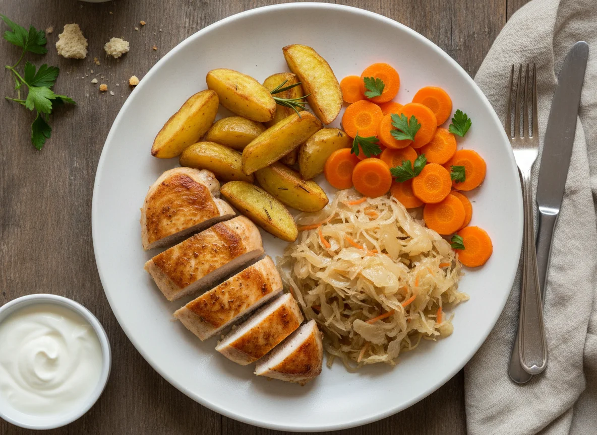 Hähnchen mit Kartoffeln, Sauerkraut und Karotten photo