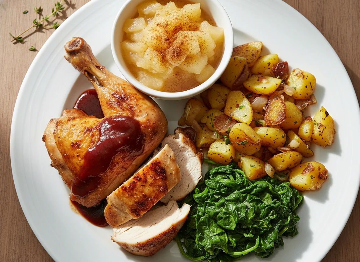 Hähnchen mit Kartoffeln, Spinat und Apfelkompott photo