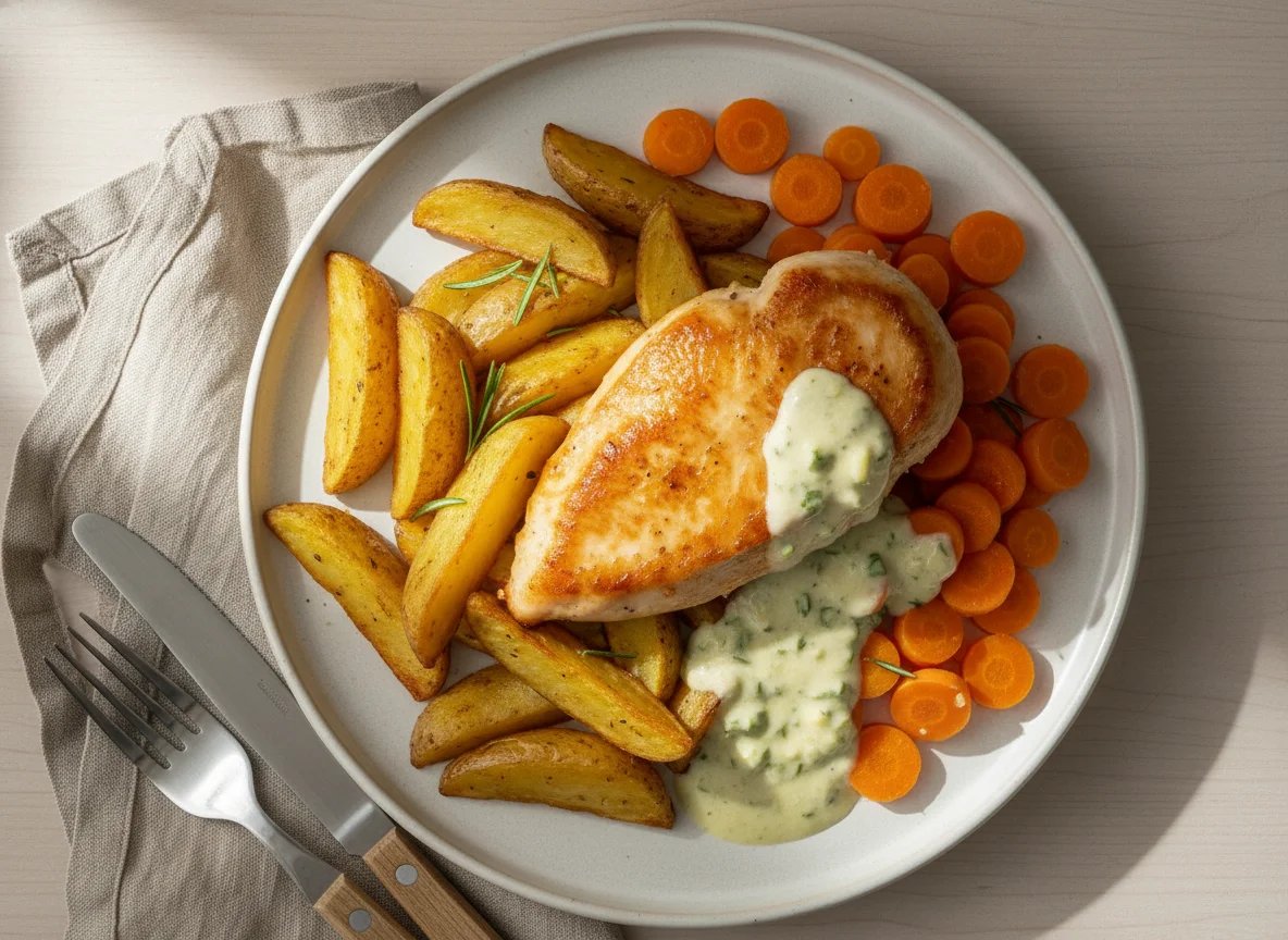 Hähnchen mit Kartoffeln und Karotten photo