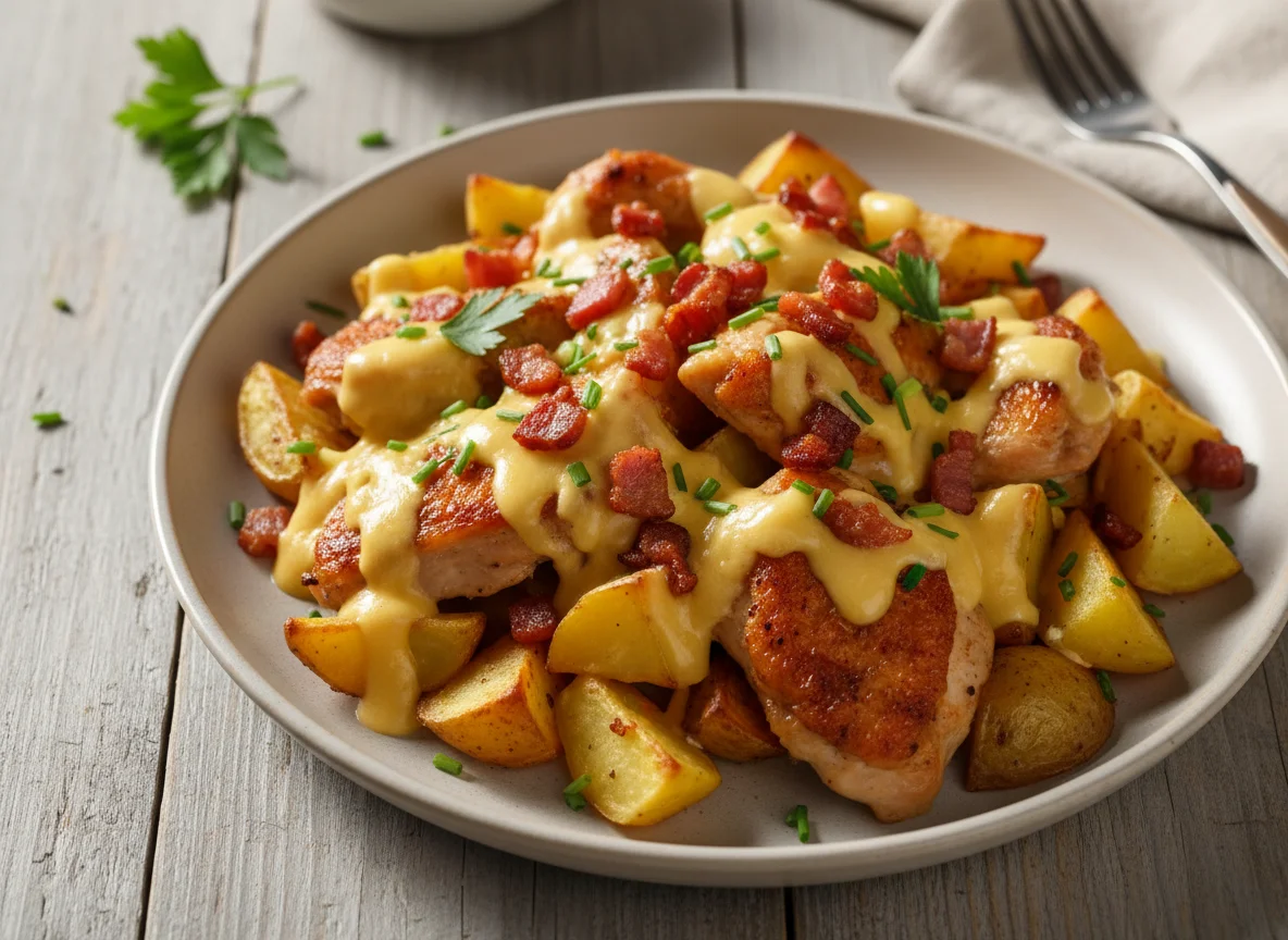 Hähnchen mit Kartoffeln und Käsesauce photo
