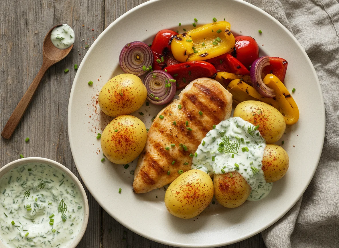 Hähnchen mit Kartoffeln und Kräutersauce photo