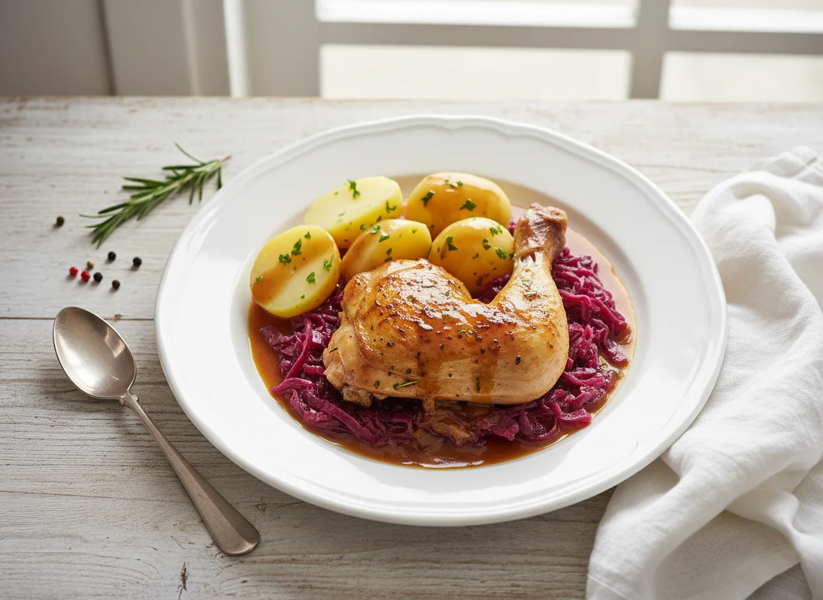Hähnchen mit Kartoffeln und Rotkohl photo