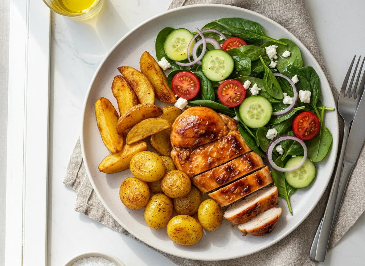 Hähnchen mit Kartoffeln und Salat photo
