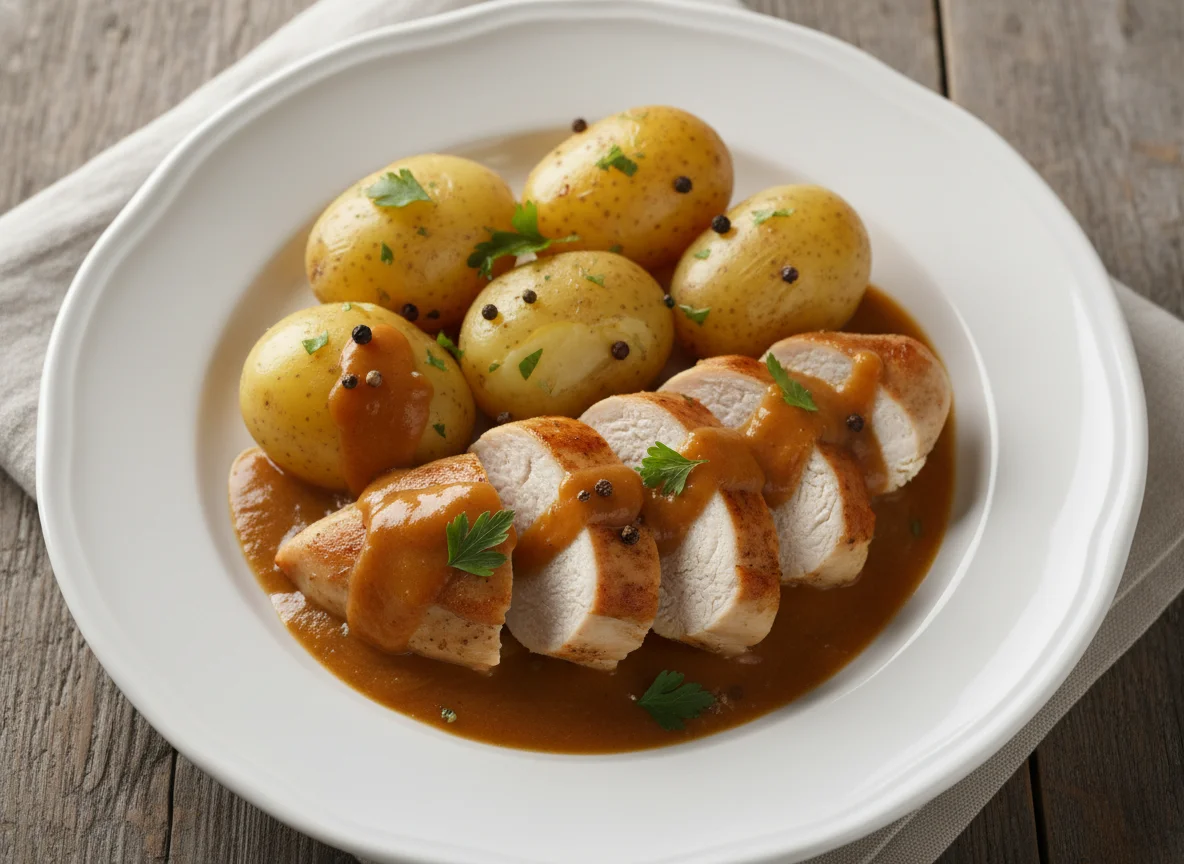 Hähnchen mit Kartoffeln und Sauce photo