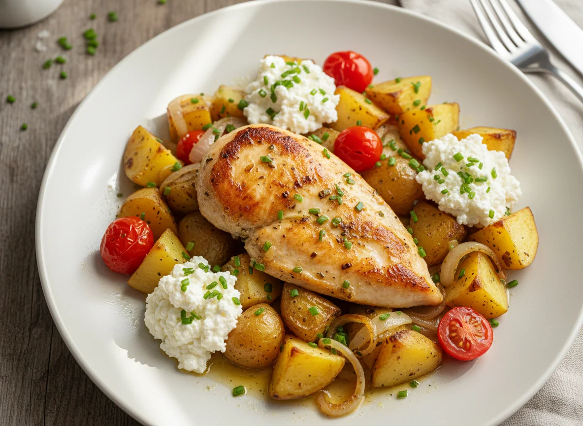 Hähnchen mit Kartoffeln, Zwiebeln, körnigem Frischkäse und Tomaten photo