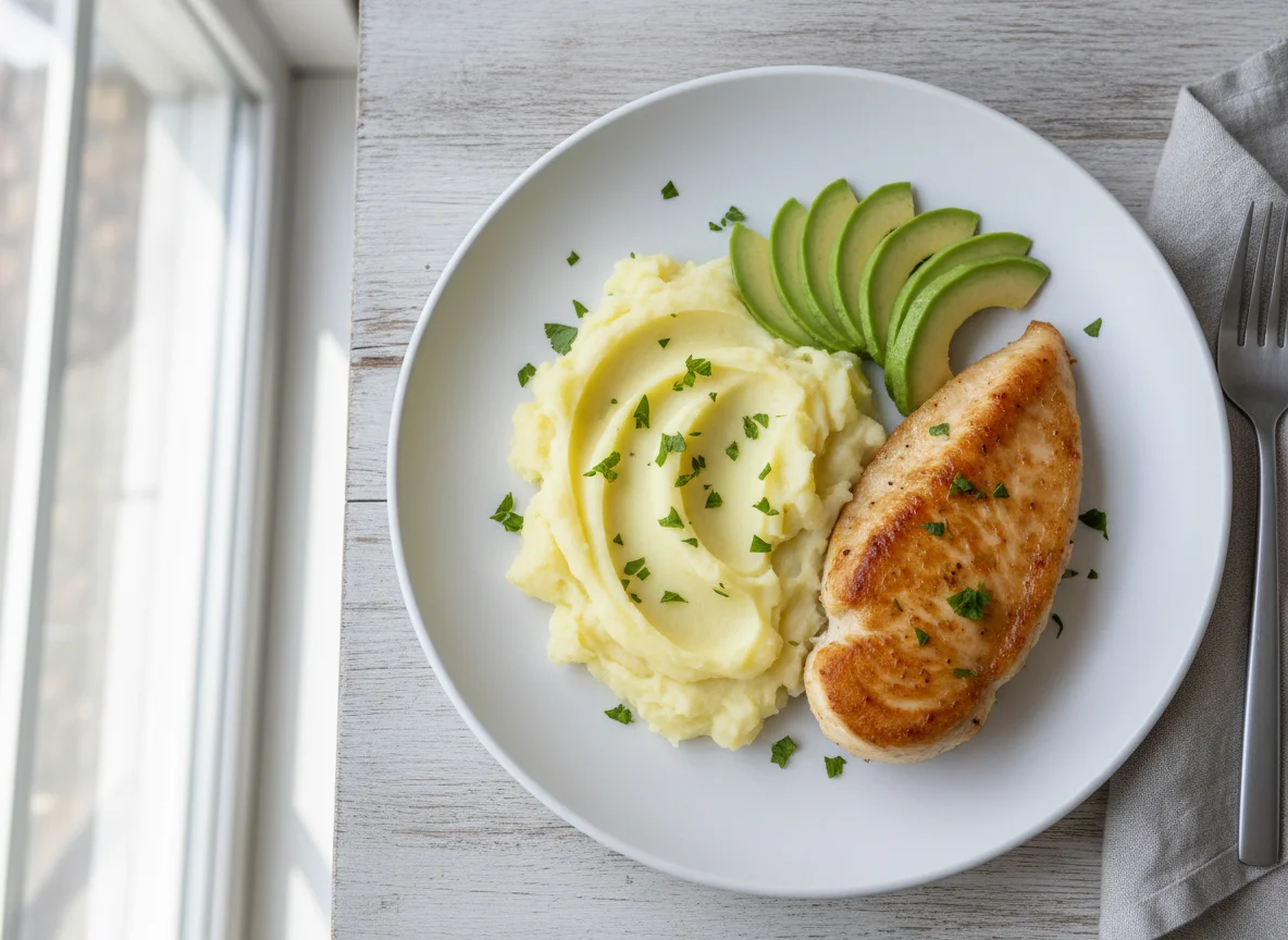 Hähnchen mit Kartoffelpüree und Avocado photo