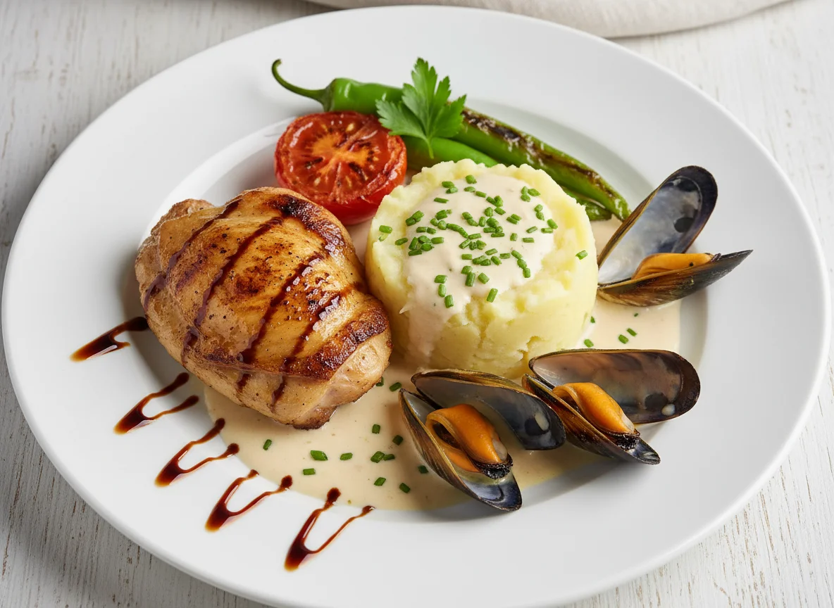 Hähnchen mit Kartoffelpüree und Muscheln photo