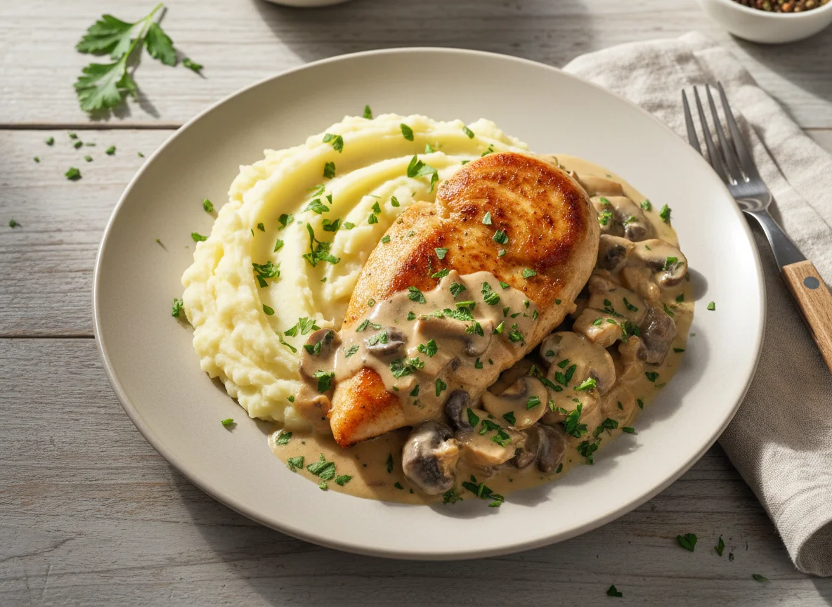 Hähnchen mit Kartoffelpüree und Pilzsauce photo