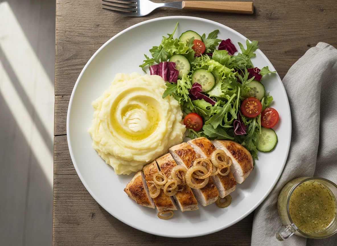 Hähnchen mit Kartoffelpüree und Salat photo