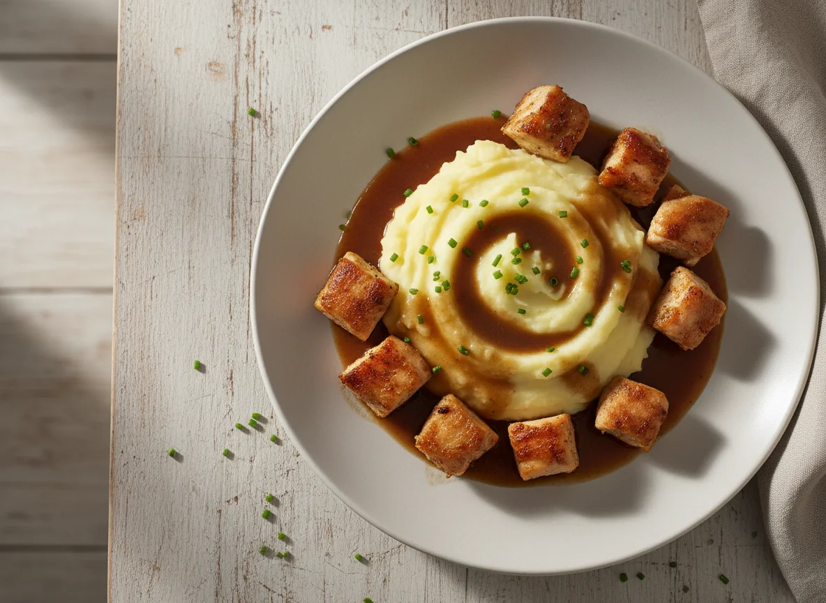 Hähnchen mit Kartoffelpüree und Soße photo