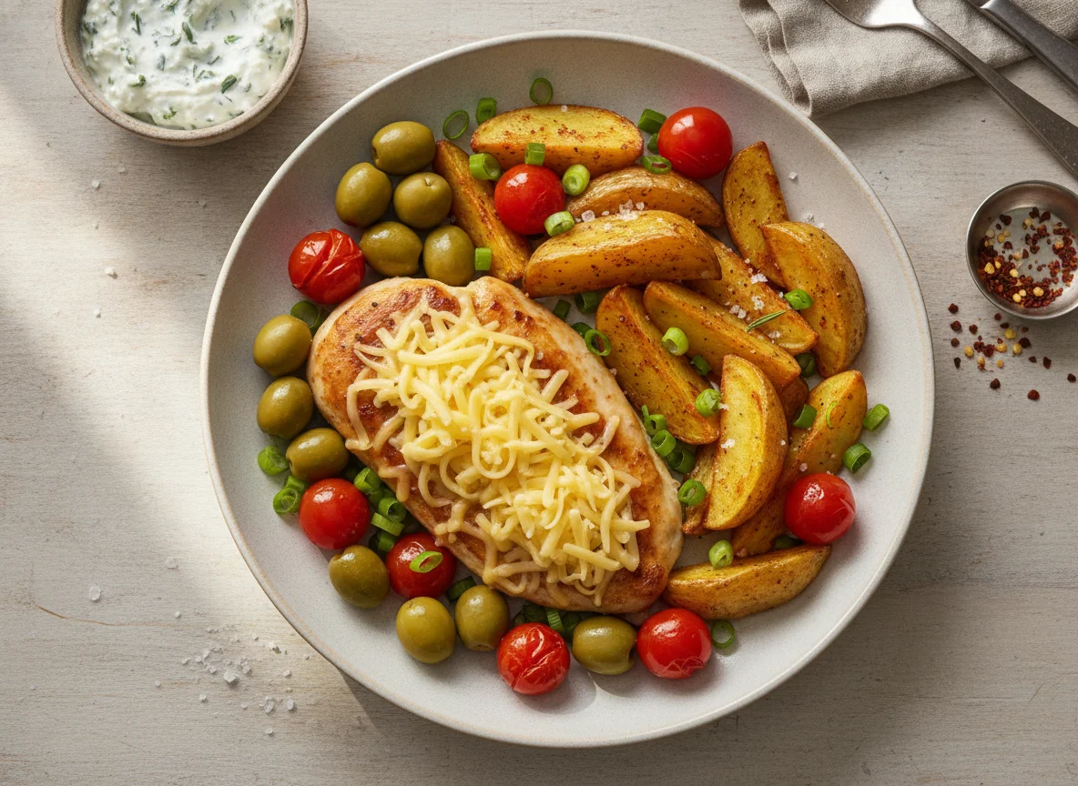 Hähnchen mit Kartoffelspalten und Beilagen photo