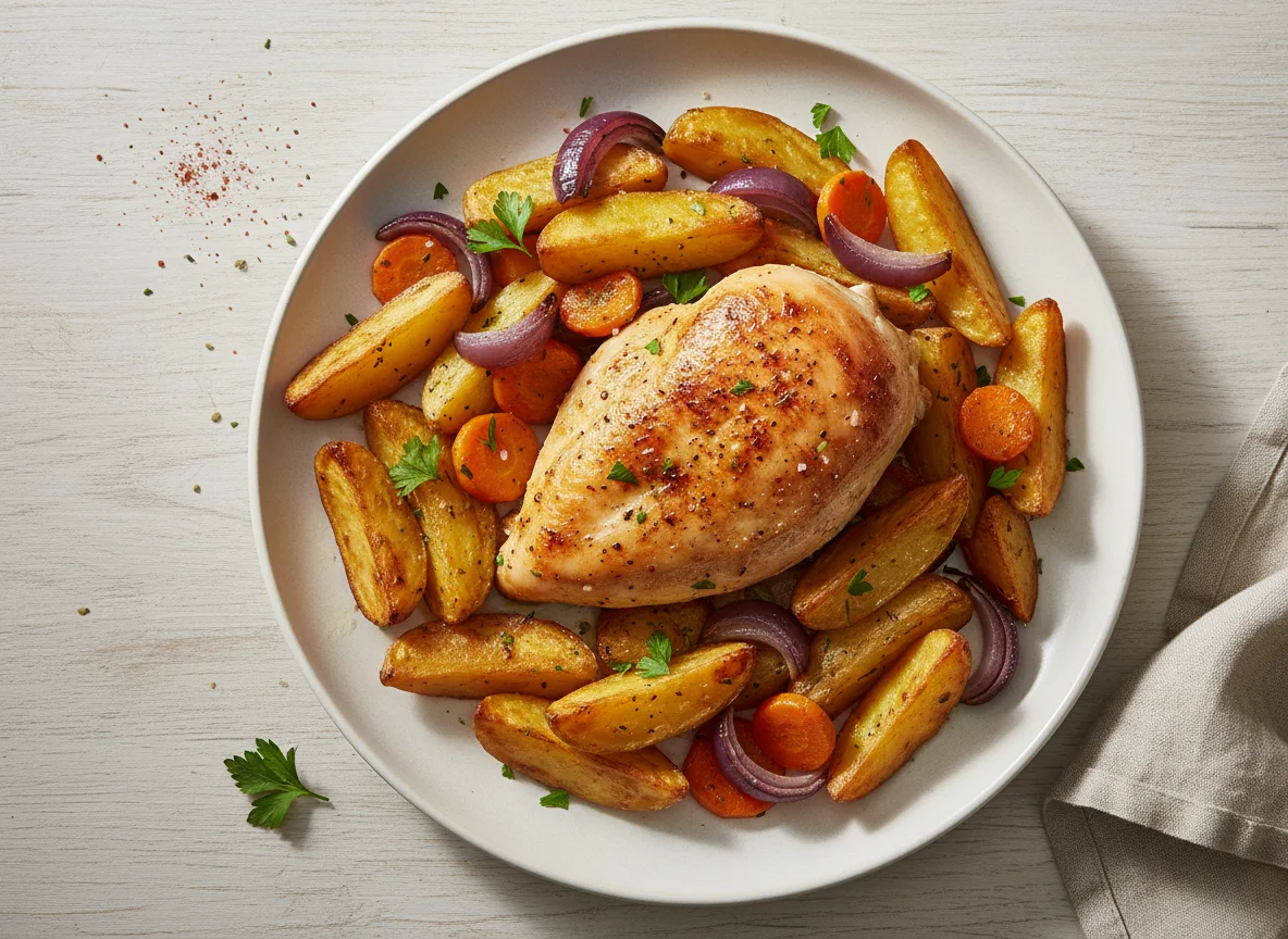 Hähnchen mit Kartoffelspalten und Gemüse photo