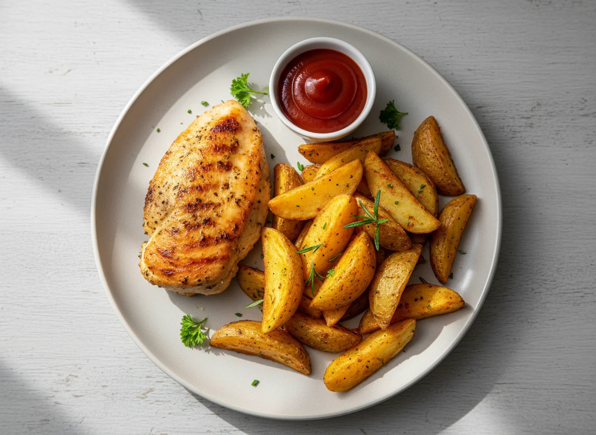 Hähnchen mit Kartoffelspalten und Ketchup photo