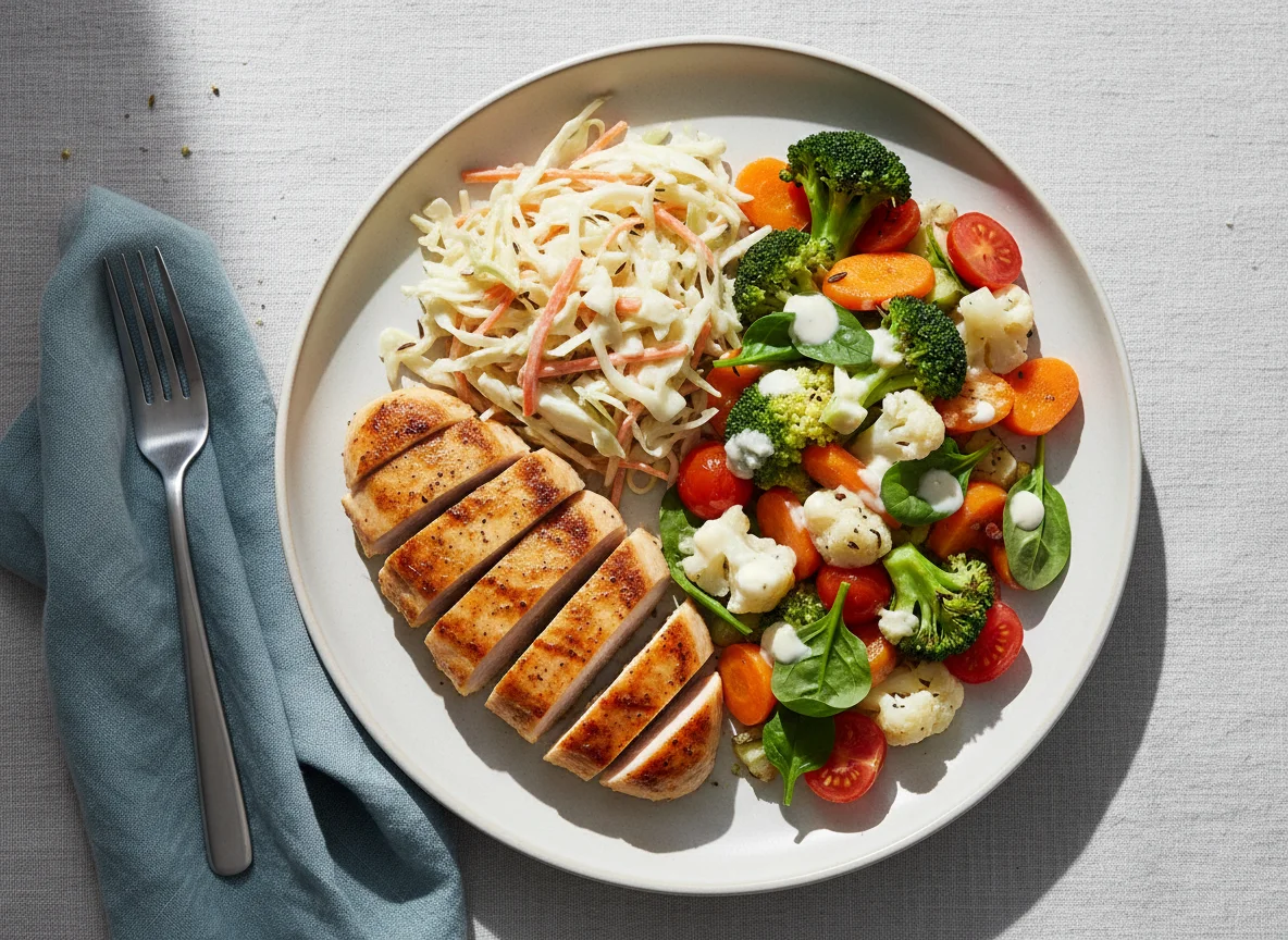 Hähnchen mit Krautsalat und Gemüse photo