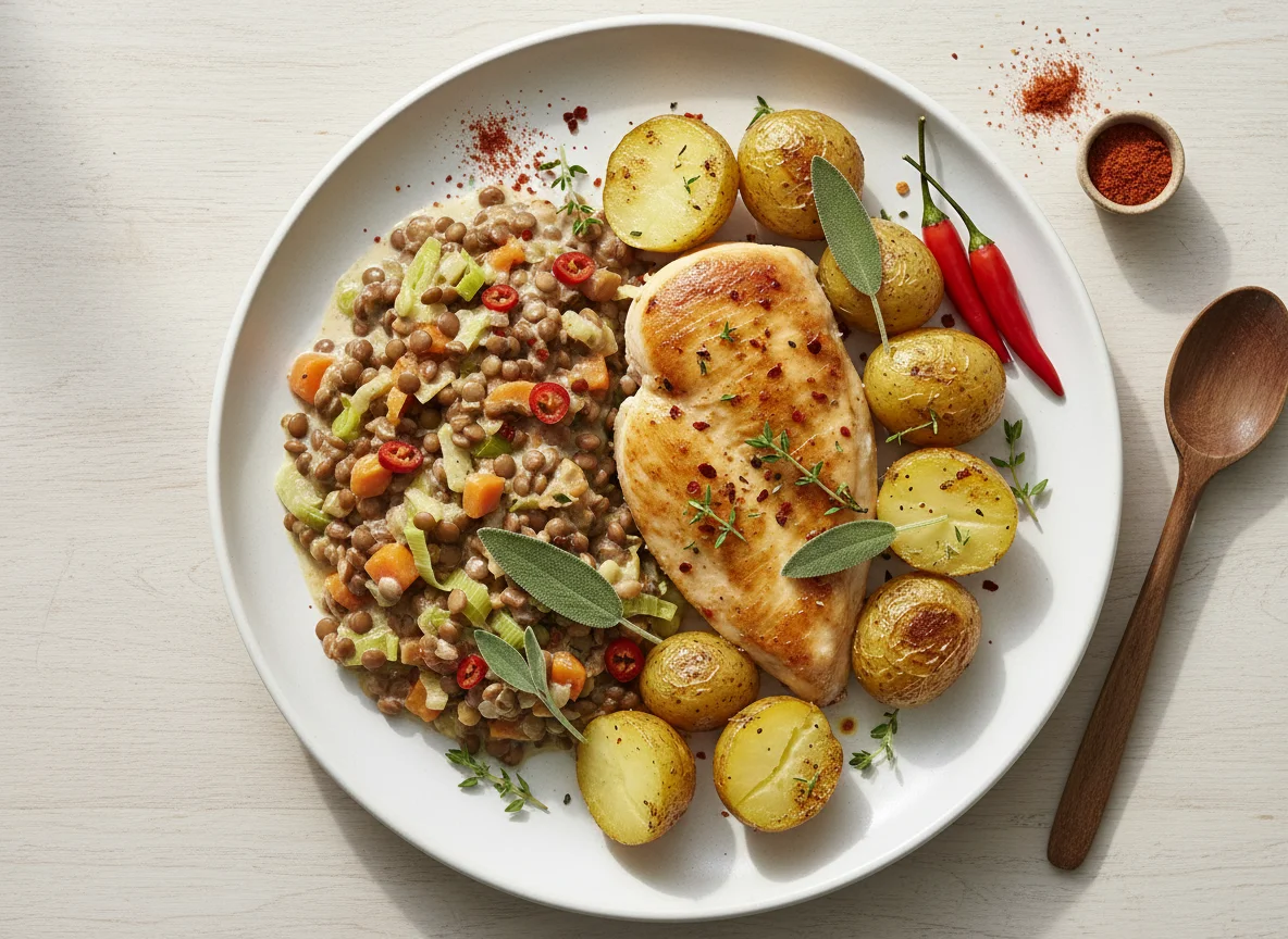 Hähnchen mit Linsen und Kartoffeln photo