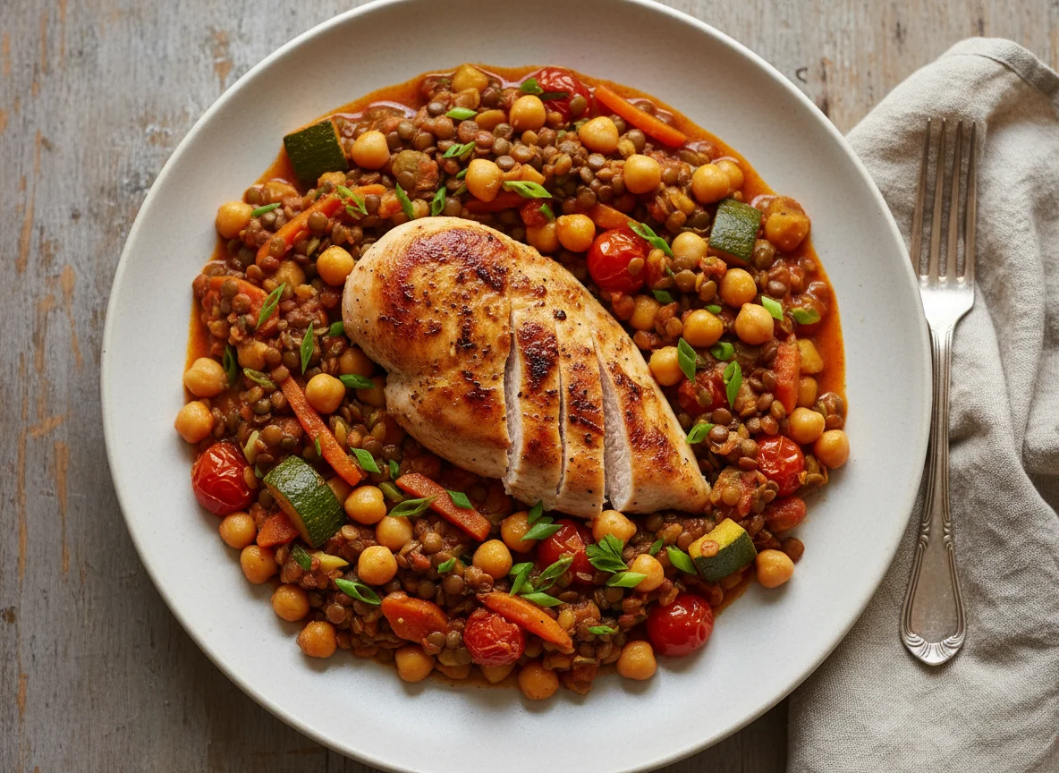 Hähnchen mit Linsen-Kichererbsen-Gemüse photo