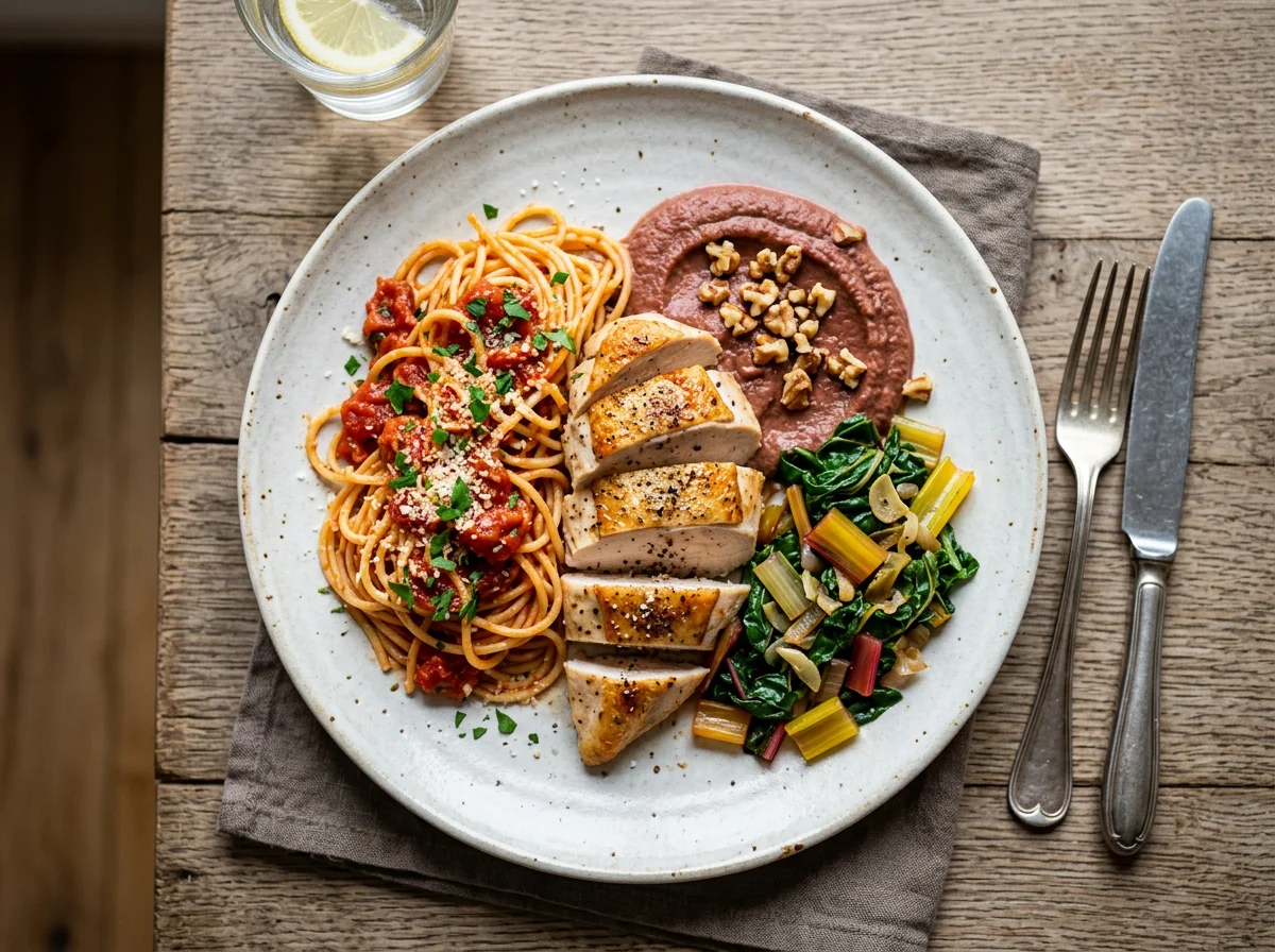 Hähnchen mit Nudeln, Rote-Bete-Püree und Mangold photo