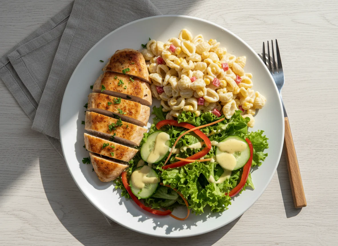 Hähnchen mit Nudelsalat und gemischtem Salat photo