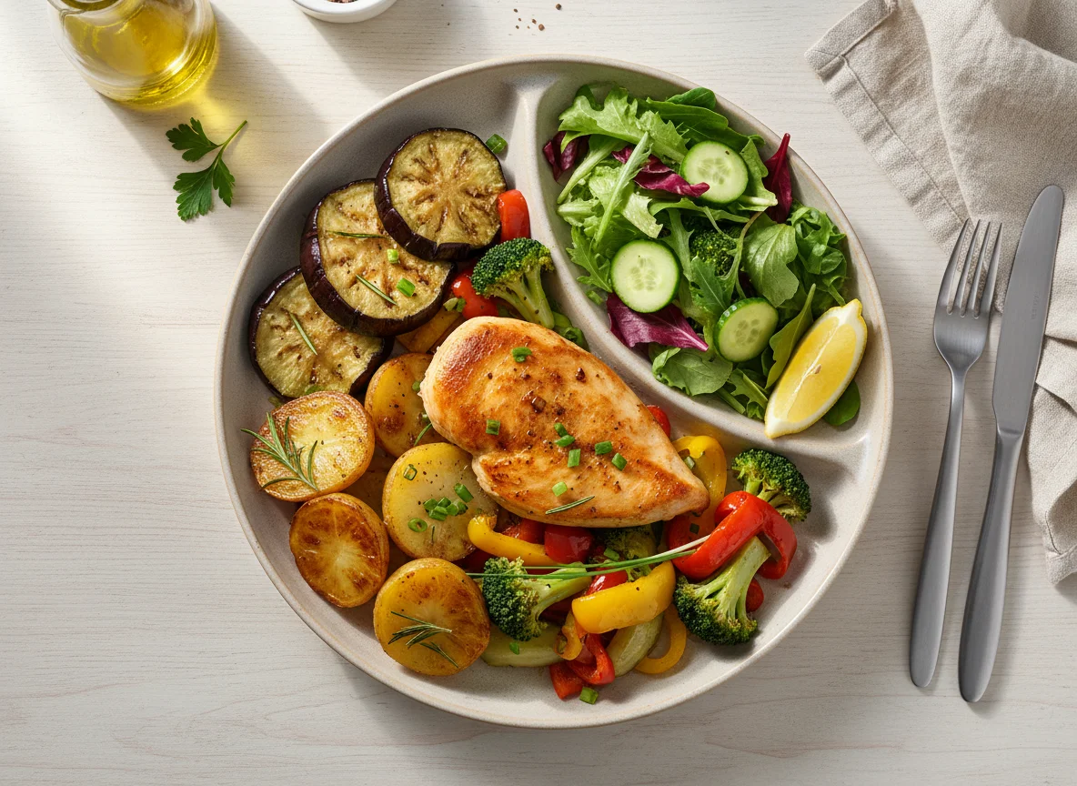 Hähnchen mit Ofengemüse und Salat photo