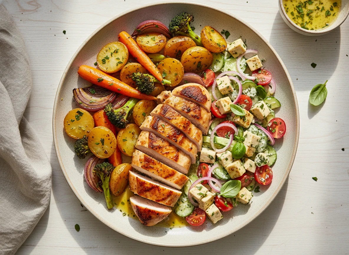 Hähnchen mit Ofengemüse und Tofu-Salat photo