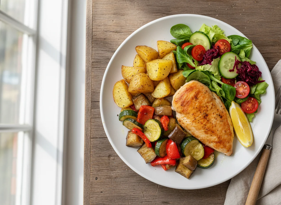 Hähnchen mit Ofenkartoffeln und Gemüse photo