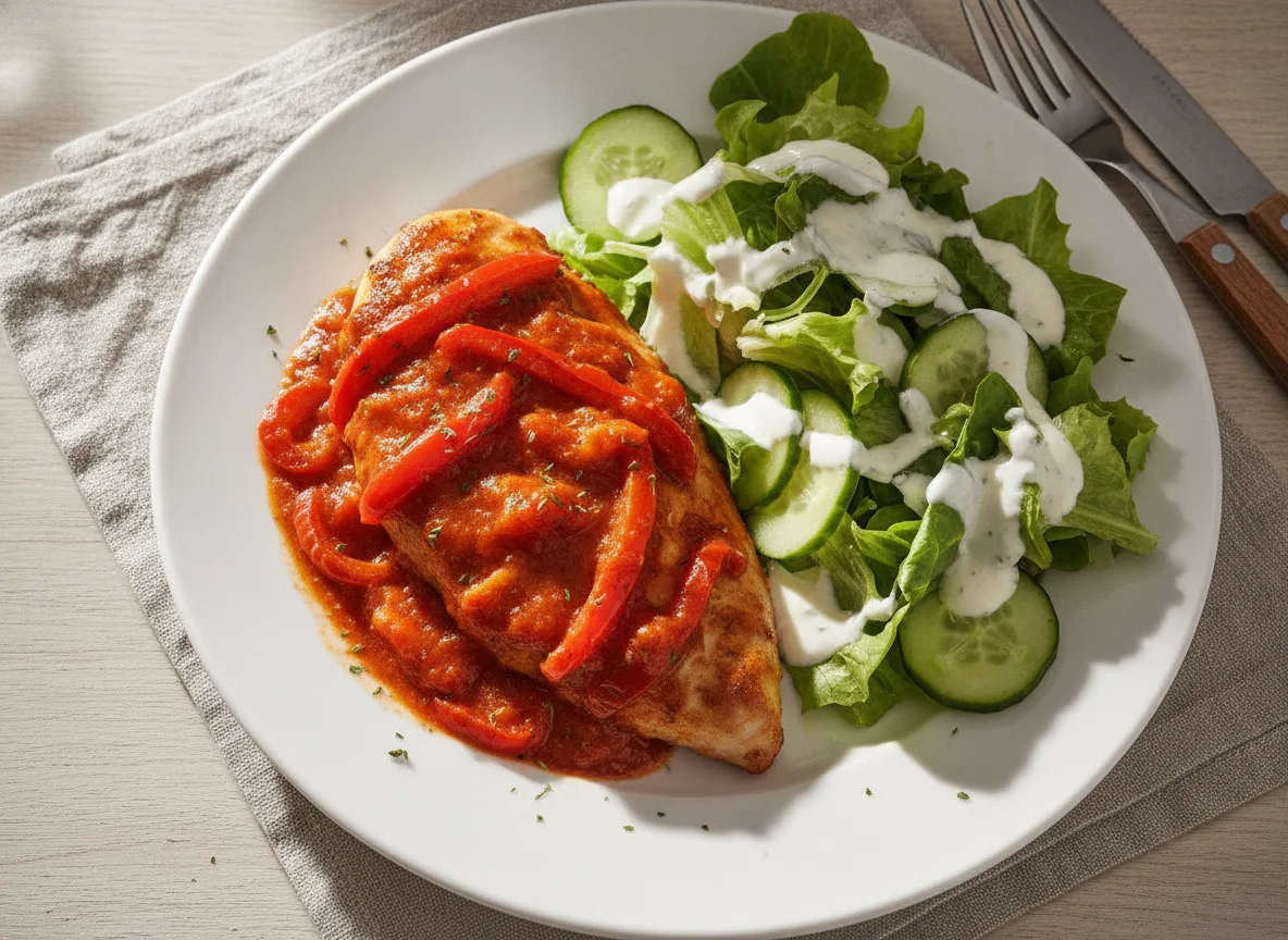 Hähnchen mit Paprika und Beilagensalat photo
