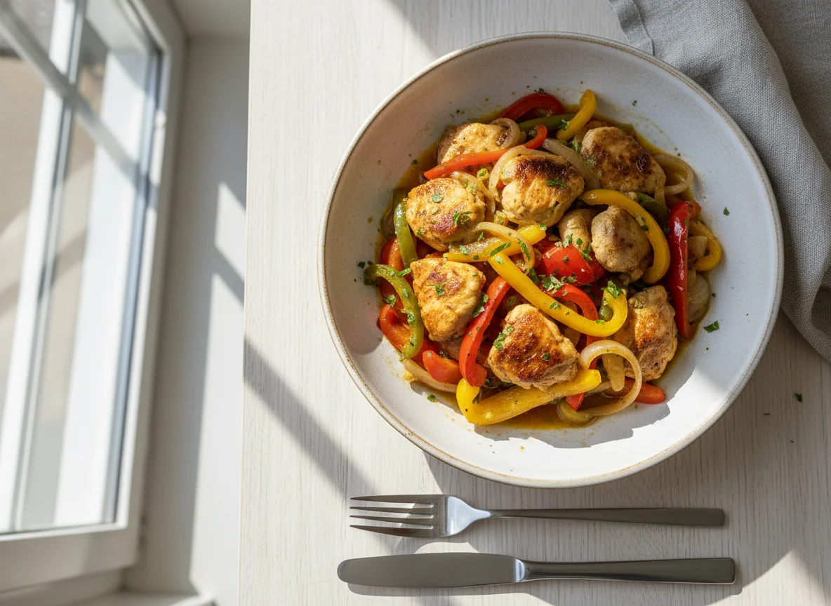 Hähnchen mit Paprika und Zwiebeln photo