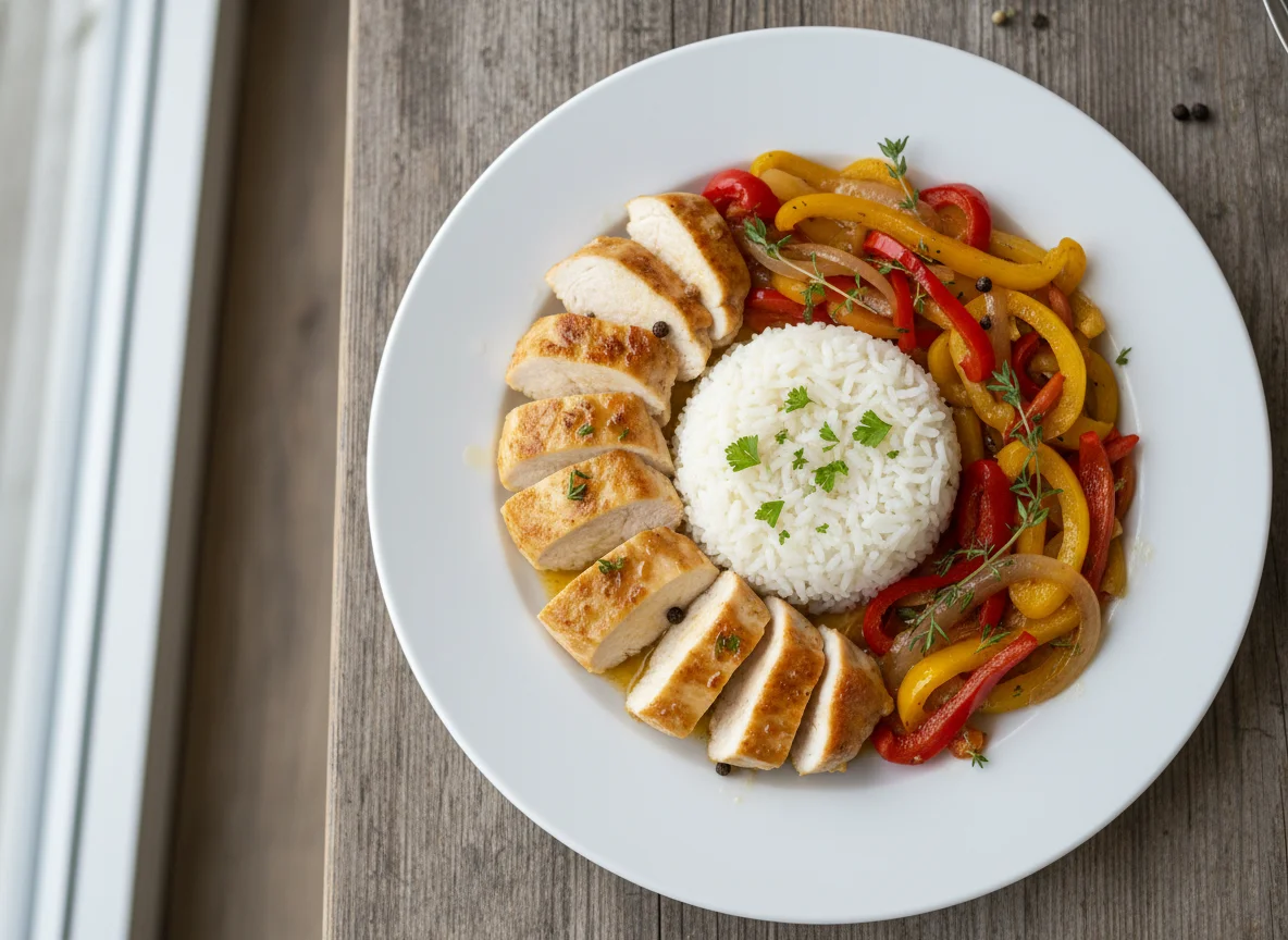 Hähnchen mit Paprika-Gemüse und Reis photo