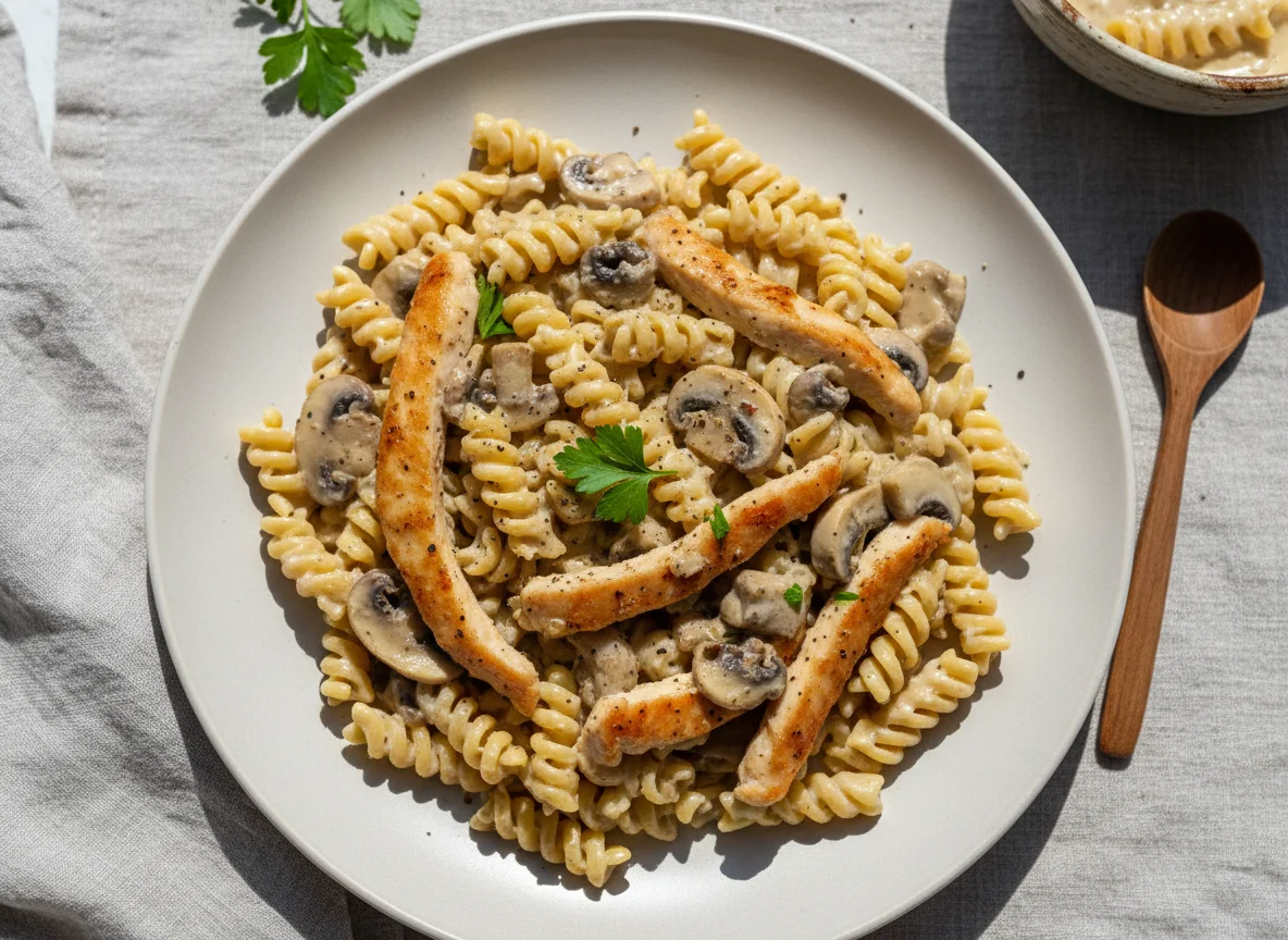 Hähnchen mit Pasta und Pilzen in Sauce photo