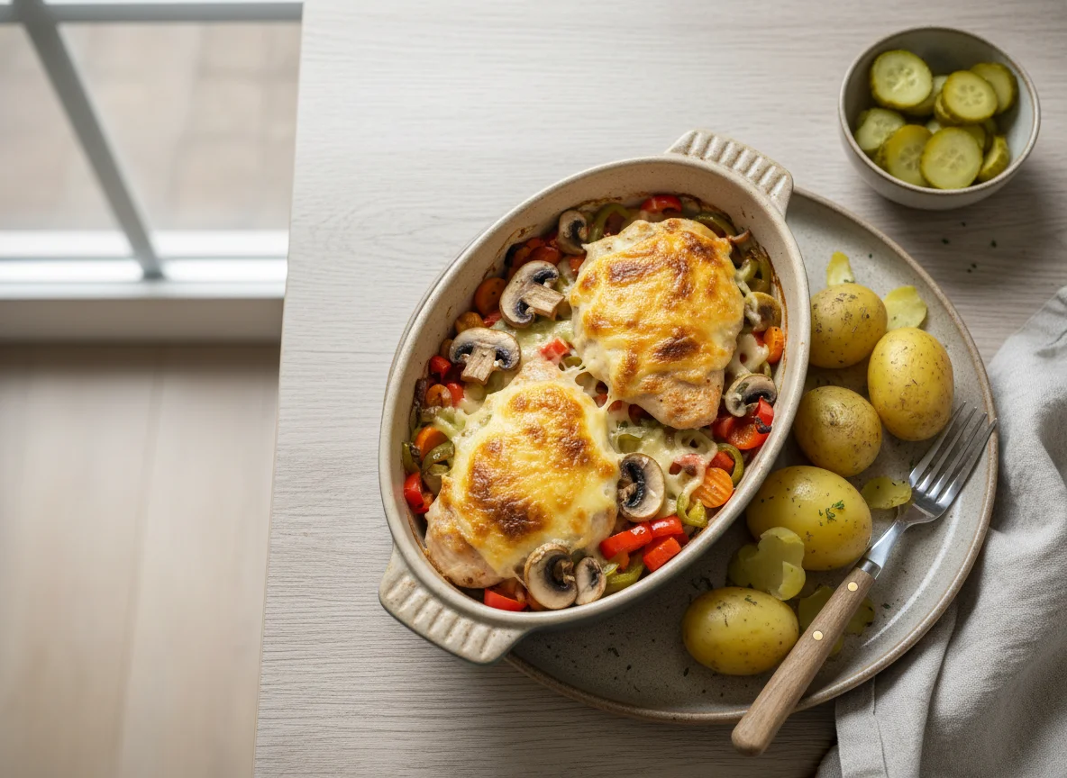 Hähnchen mit Pilzen, Gemüse und Käse überbacken, dazu Kartoffeln photo