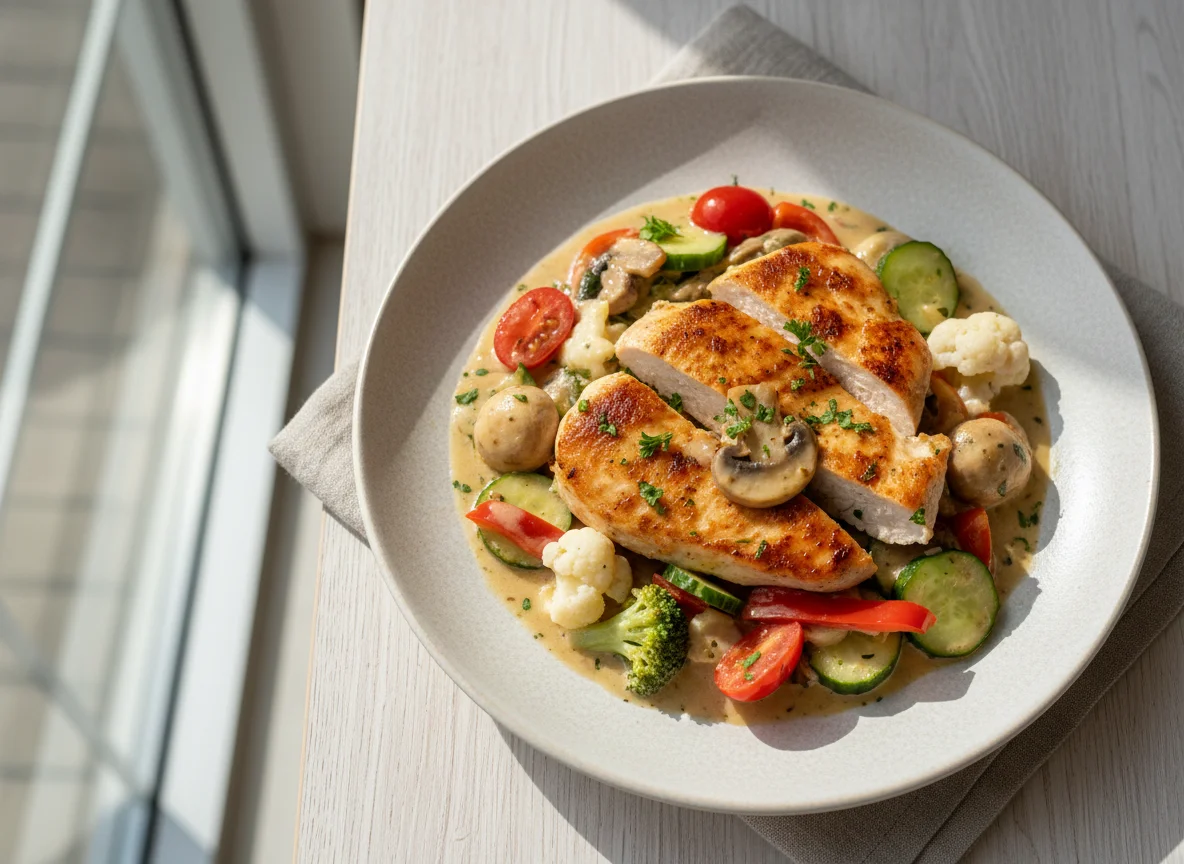 Hähnchen mit Pilzen und gemischtem Gemüse photo