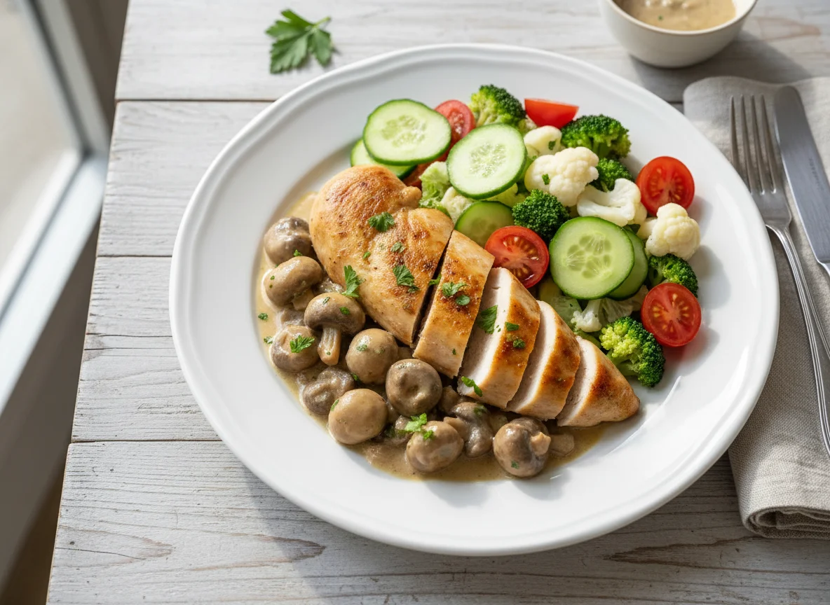 Hähnchen mit Pilzen und gemischtem Salat photo