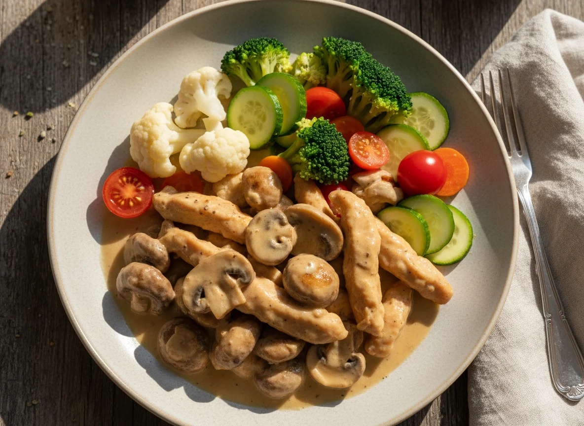 Hähnchen mit Pilzen und Gemüse in Sauce photo