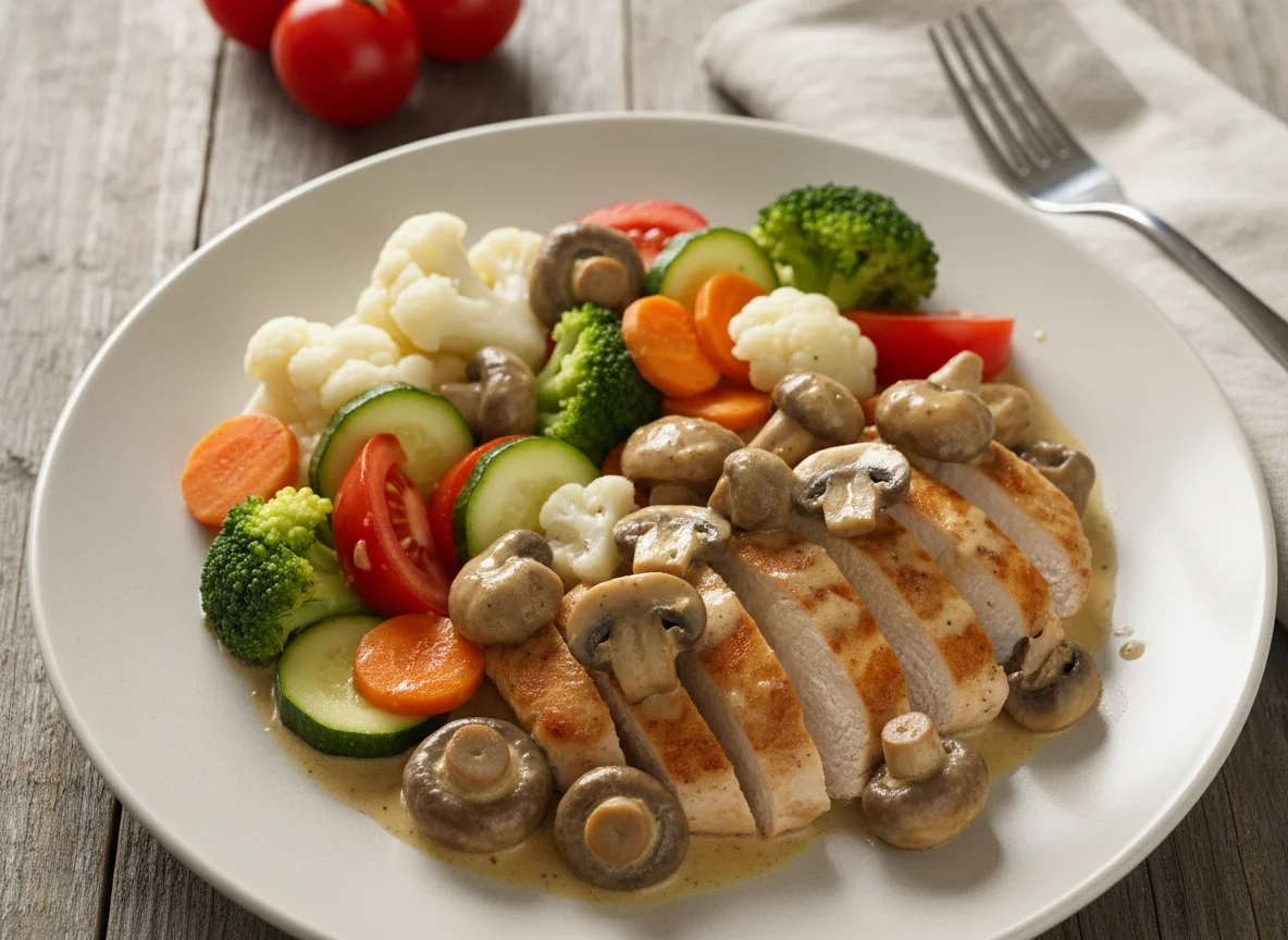 Hähnchen mit Pilzen und Gemüse in Soße photo