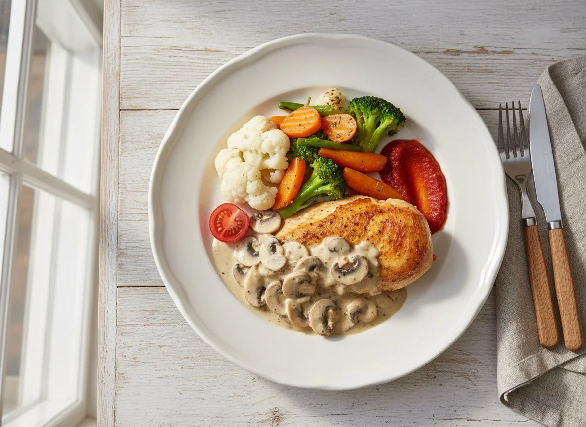 Hähnchen mit Pilzrahmsoße und Gemüse photo